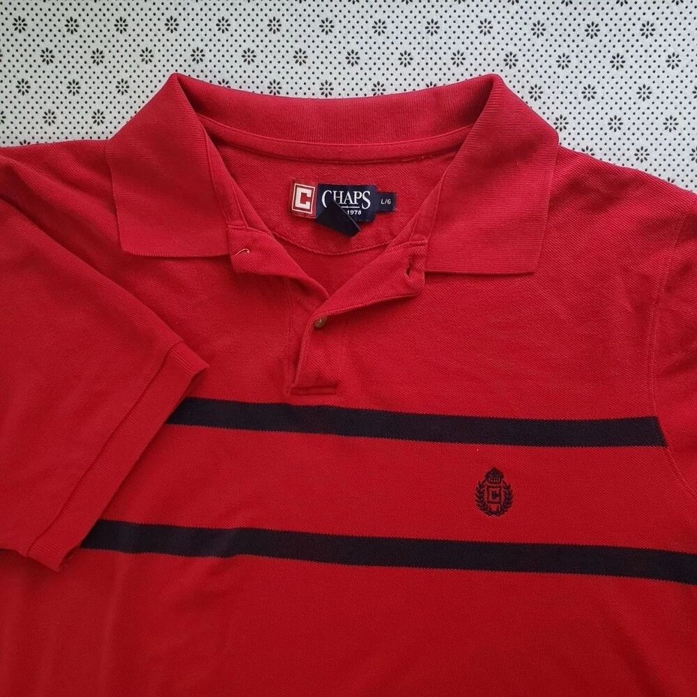 Chaps Est. 1978 Men's Red Navy Blue Stripe Crested Polo Shirt Size Large
